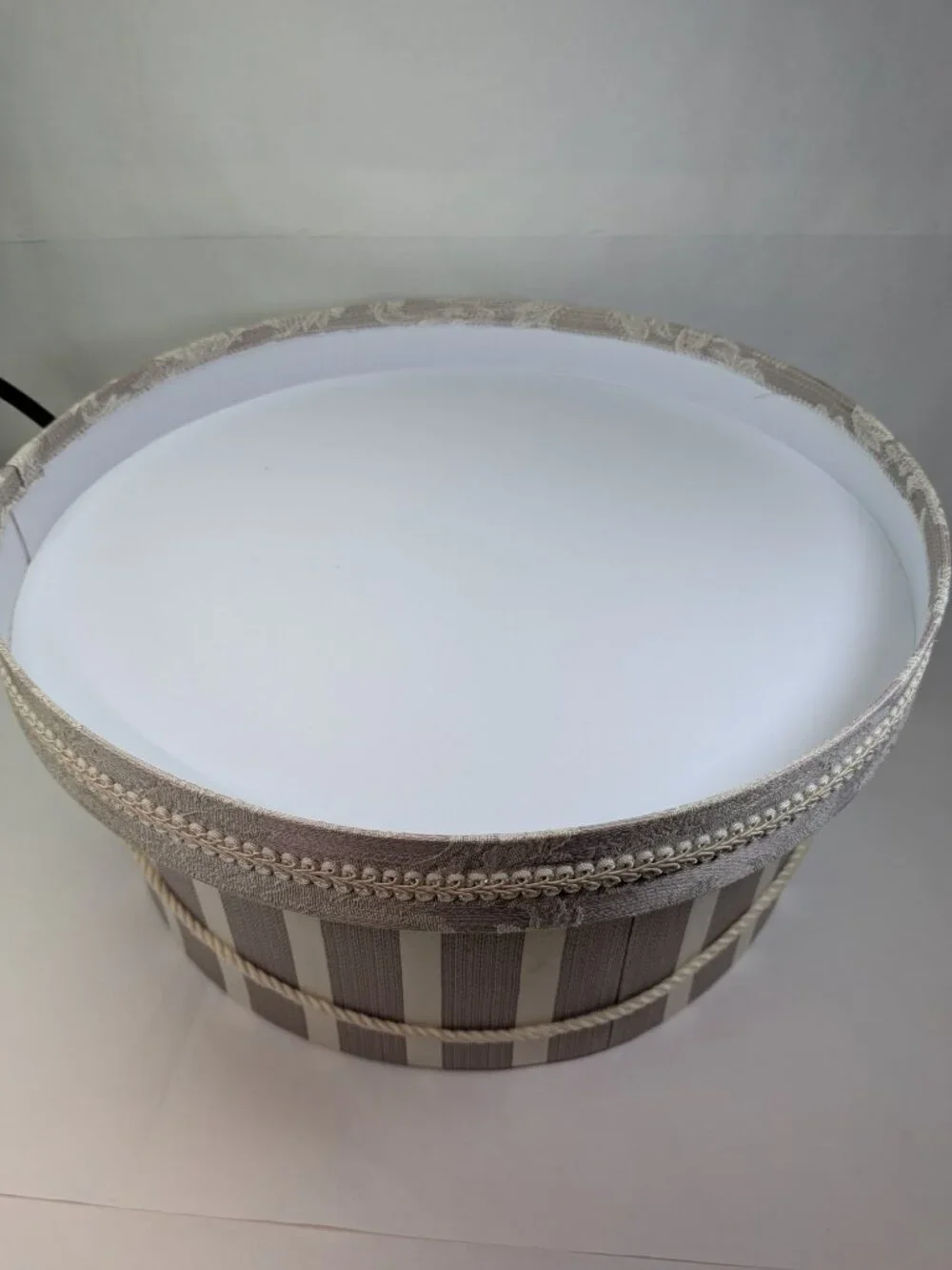 Vintage Striped Brocade Round Hat Box Taupe Cream Fabric Storage Case Unisex